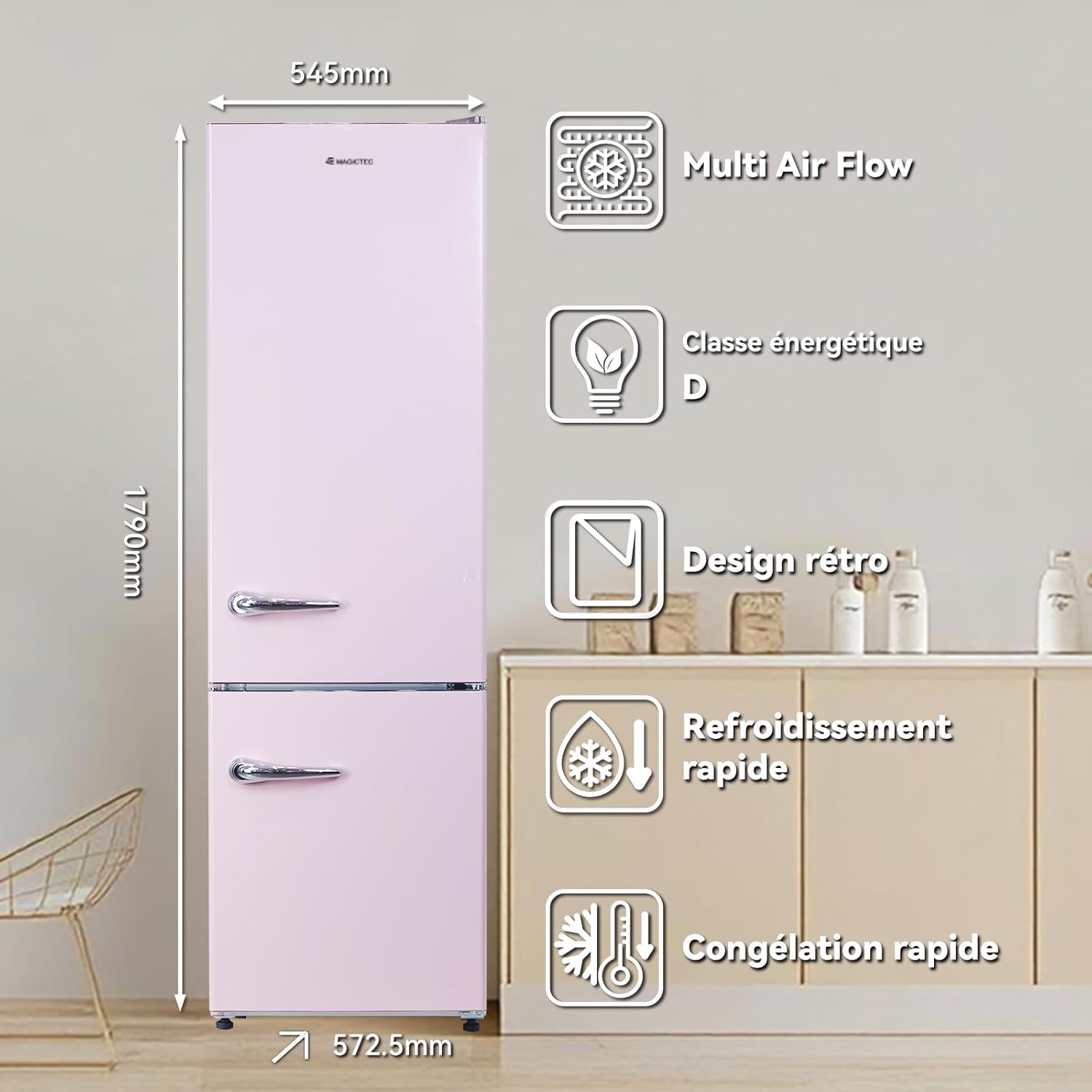 magictec - réfrigérateur vintage, 179 cm, 236L, No Frost, alarme, rose