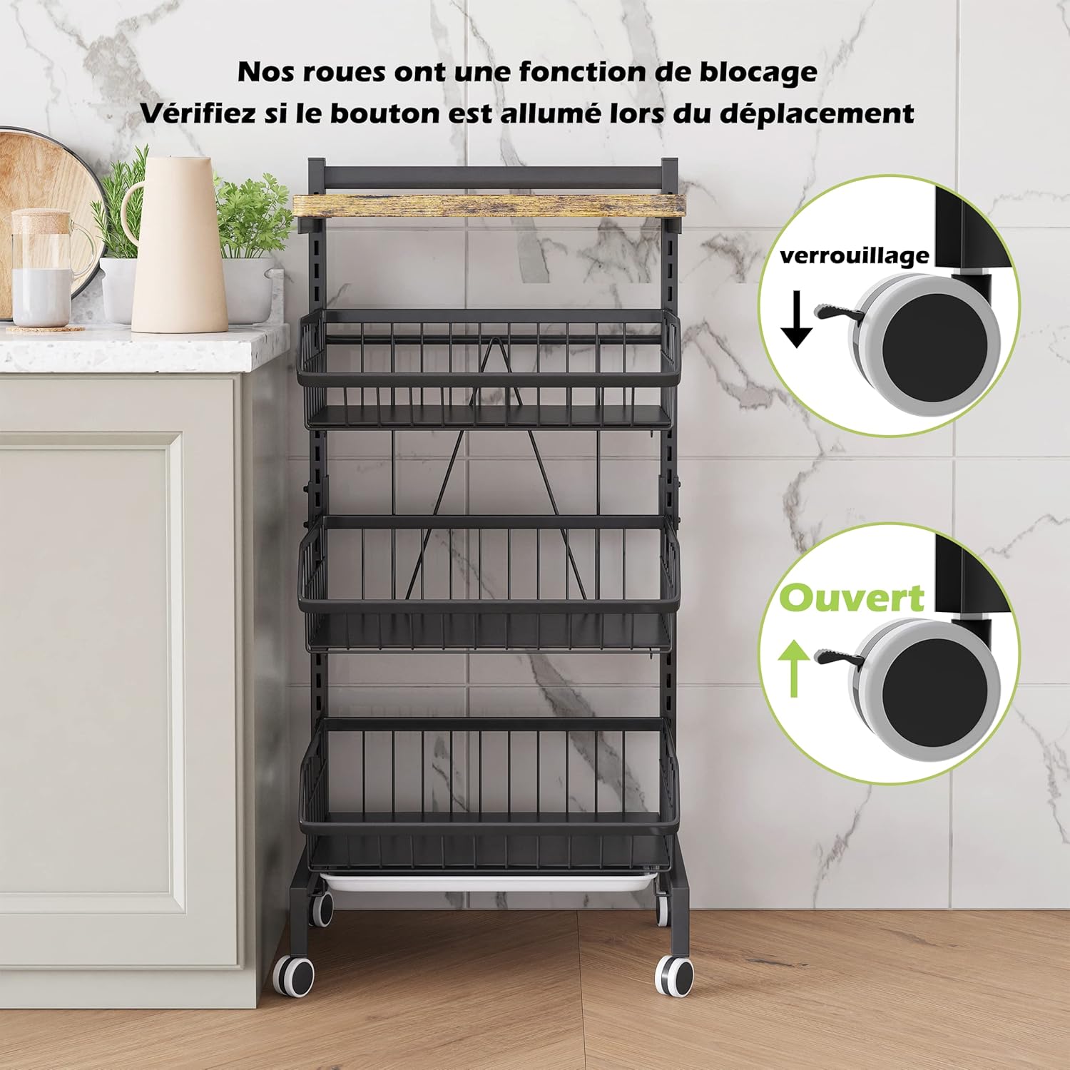 Étagère à légumes - panier empilable, roulettes, bois,  COVAODQ