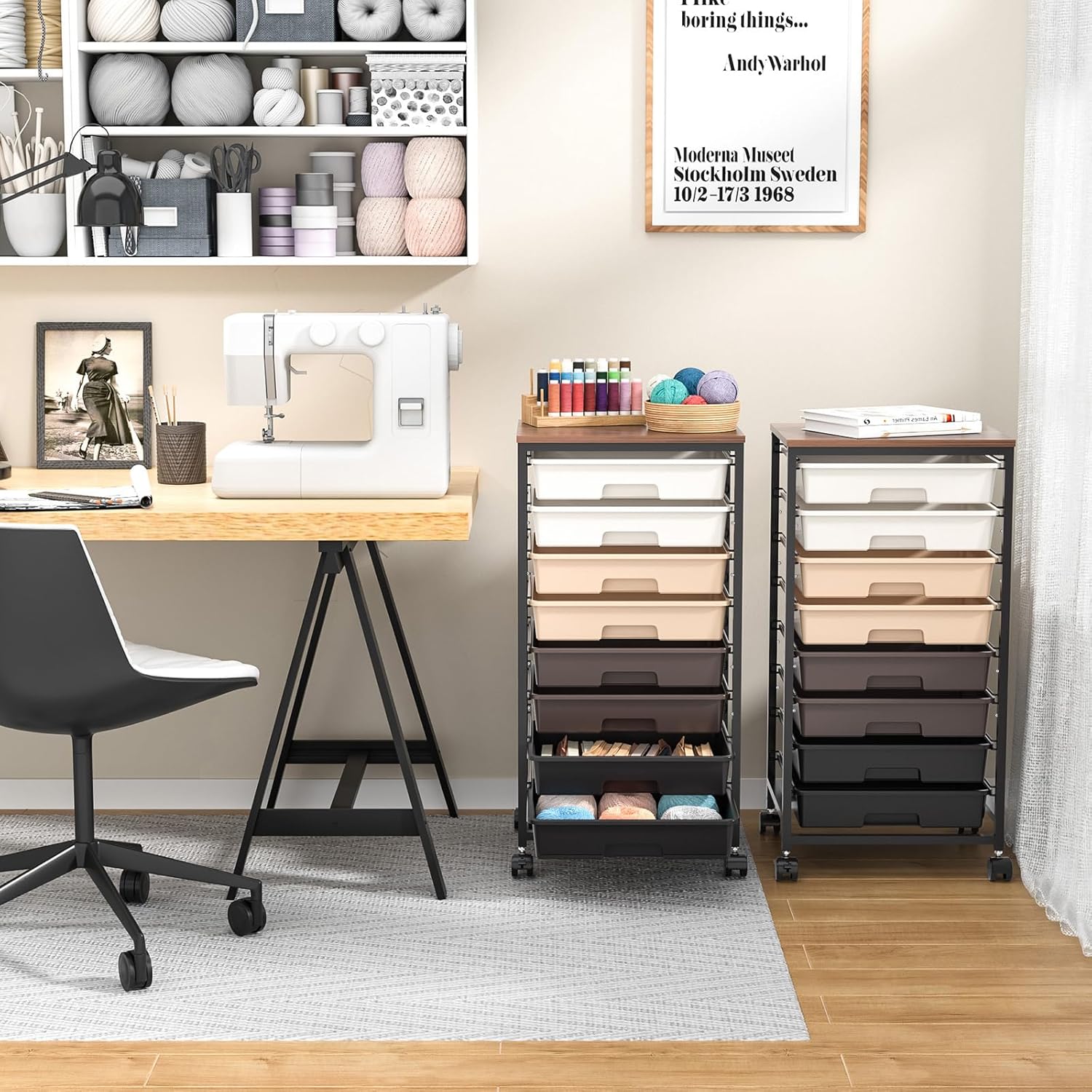 Chariot de salle de bain - 8 tiroirs, roulettes, plateau bois, grande capacité, marron