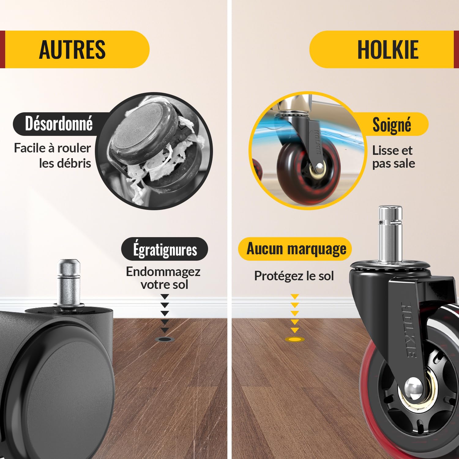 HOLKIE - roulettes de chaise Série Rechange - 11x22mm - caoutchouc robustes pour sols durs et tapis, lot de 5