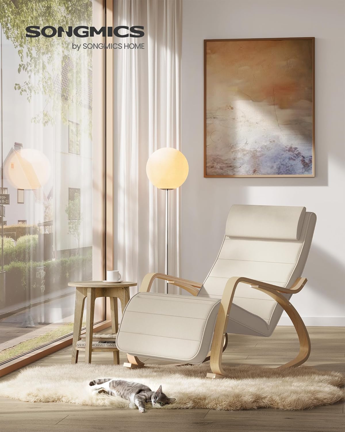 SONGMICS - fauteuil à bascule avec accoudoirs bois, 121,5x67x84 cm, dossier et repose-pieds réglables, 150 kg max, LYY01