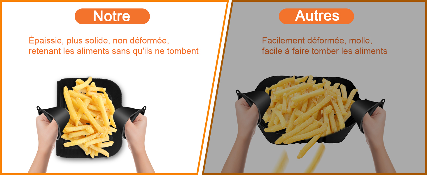 Le texte se lit comme suit : « Notre » et « Autres ». Images de comparaison de frites ou de lamelles de pommes de terre, montrant différents résultats de préparation ou de cuisson.