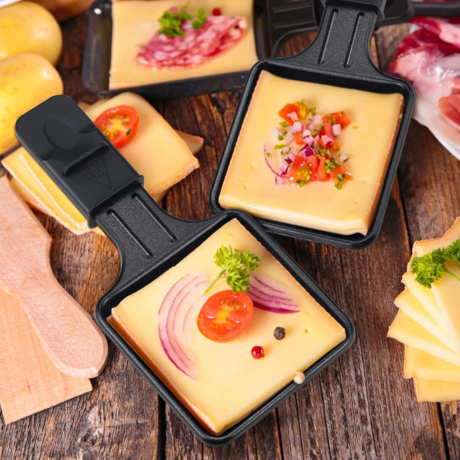 Mini Raclette Set 4 poêlons antiadhésifs, plateaux bois, portable