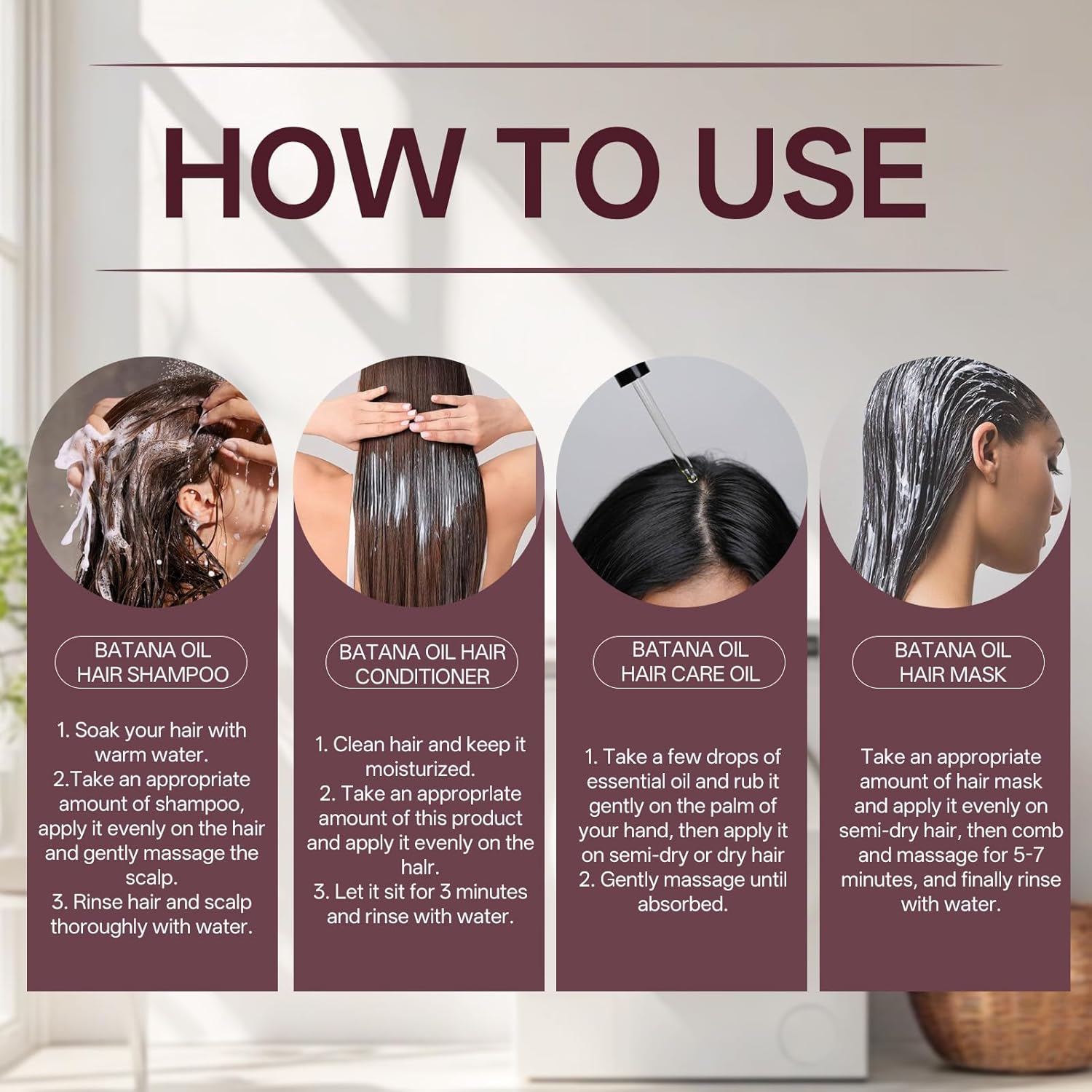 Traitement à l'huile pour cheveux - Coffret 4 pièces - Shampoing, après-shampooing, huile, crème - Soins croissance et h