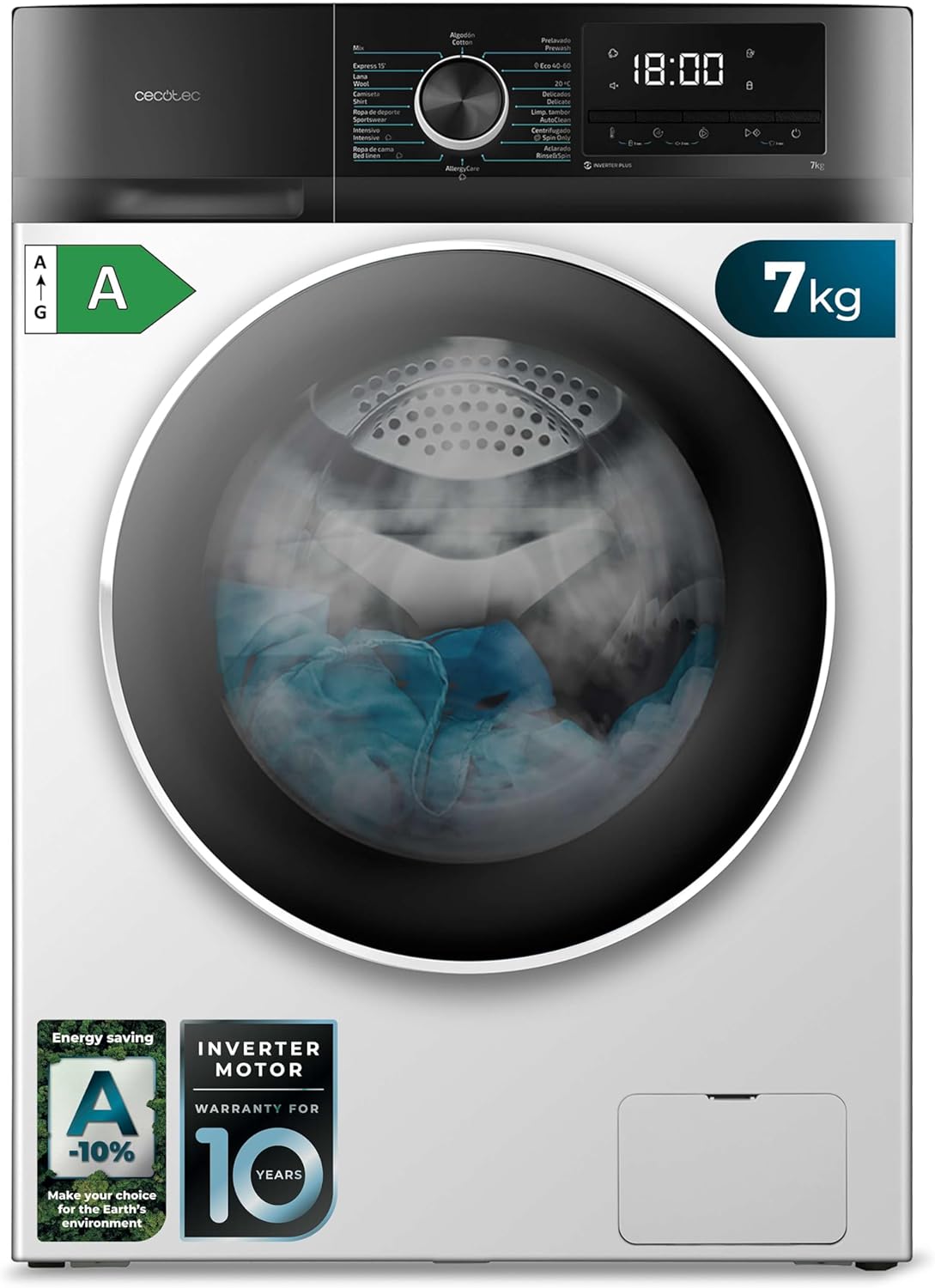Cecotec - Bolero Dresscode 7500 - lave-linge 7kg, 1400 rpm, inverter, 16 programmes