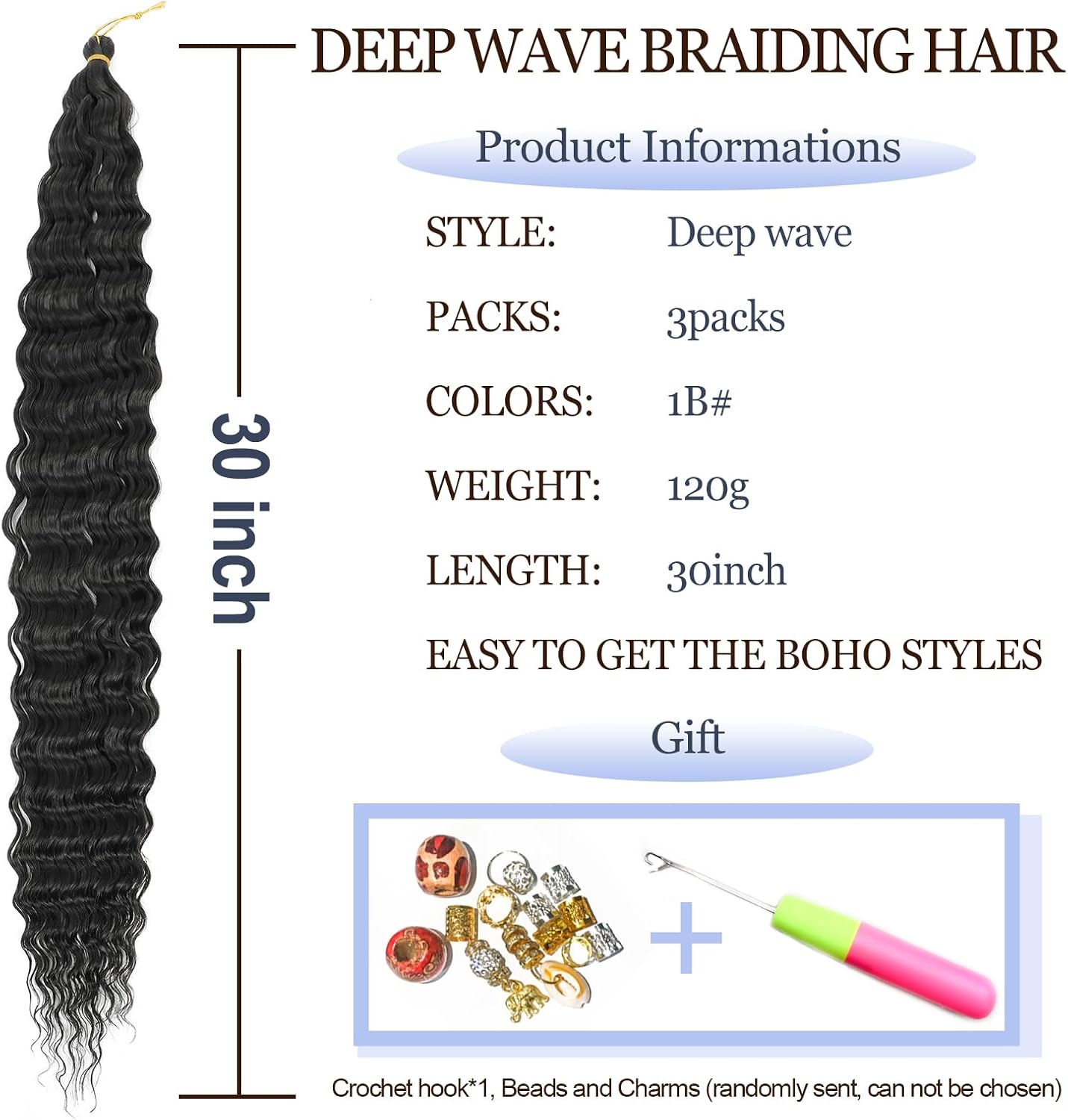 Extensions cheveux - Ocean Wave Deep Wave - 30 pouces - boucles synthétiques, pack de 3