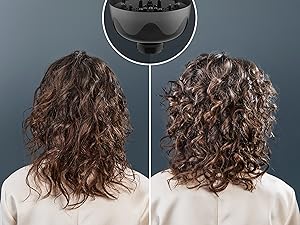 Comparaison avant/après du traitement des cheveux bouclés, montrant deux vues de dos avec un détail circulaire de la méthode d'application du produit ci-dessus.