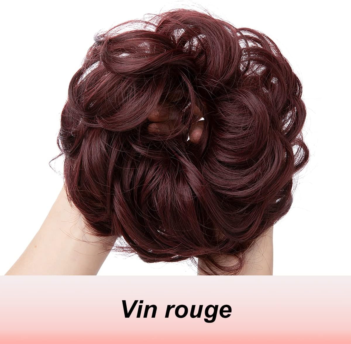 JJstar - Chignon postiche bouclé, élastique, vin rouge, cheveux naturels