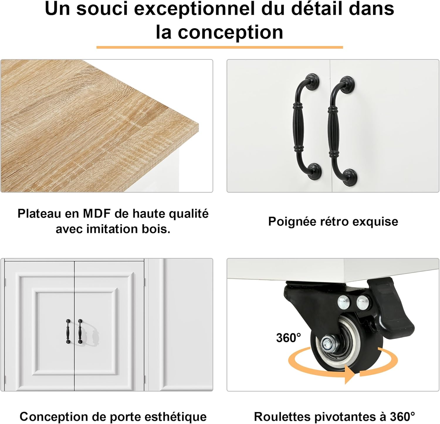 Desserte îlot cuisine - plan de travail rabattable, USB, rangement - blanc - roulettes, tiroir, porte-torchon, poubelle