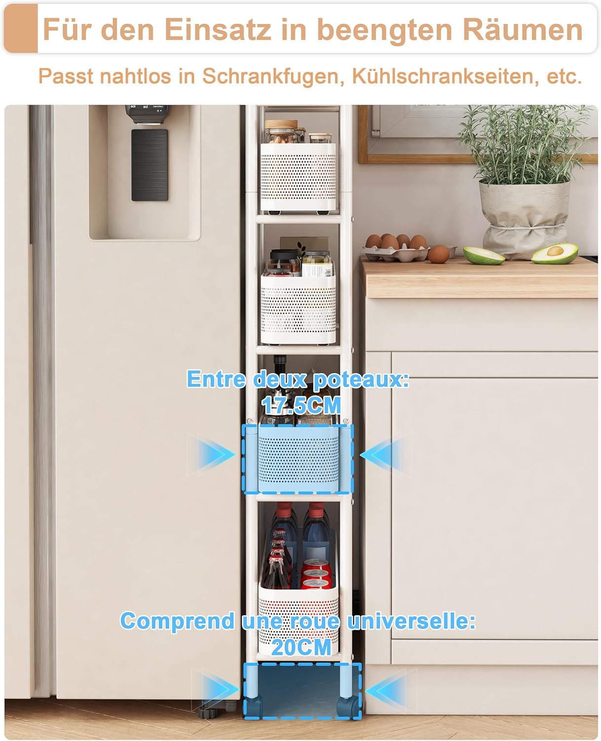 UMDONX - Chariot de rangement 5 niveaux, métal, étroit, tiroirs, blanc