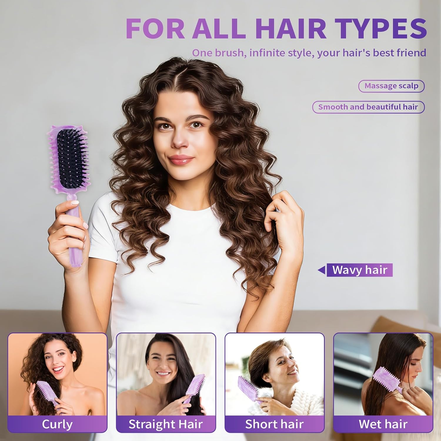 Brosse coiffante - modèle violet - nettoyage à griffes - pour boucles définies et fixation cheveux