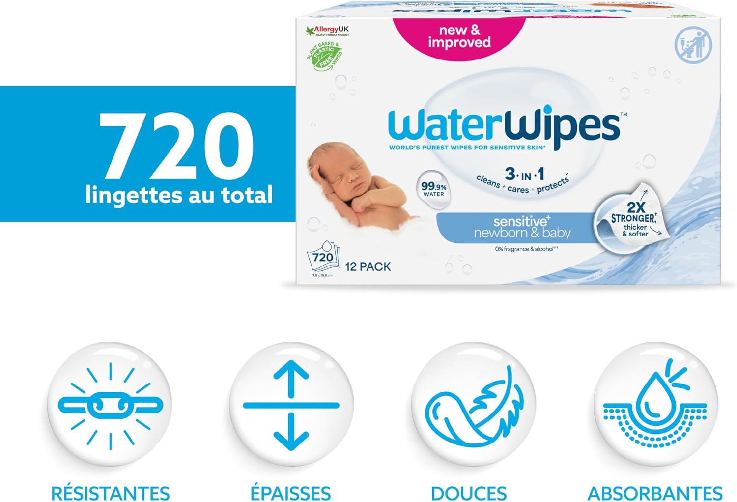 WaterWipes - Sensitive+ - 12x60 lingettes - 99,9% eau, non parfumées, 3-en-1