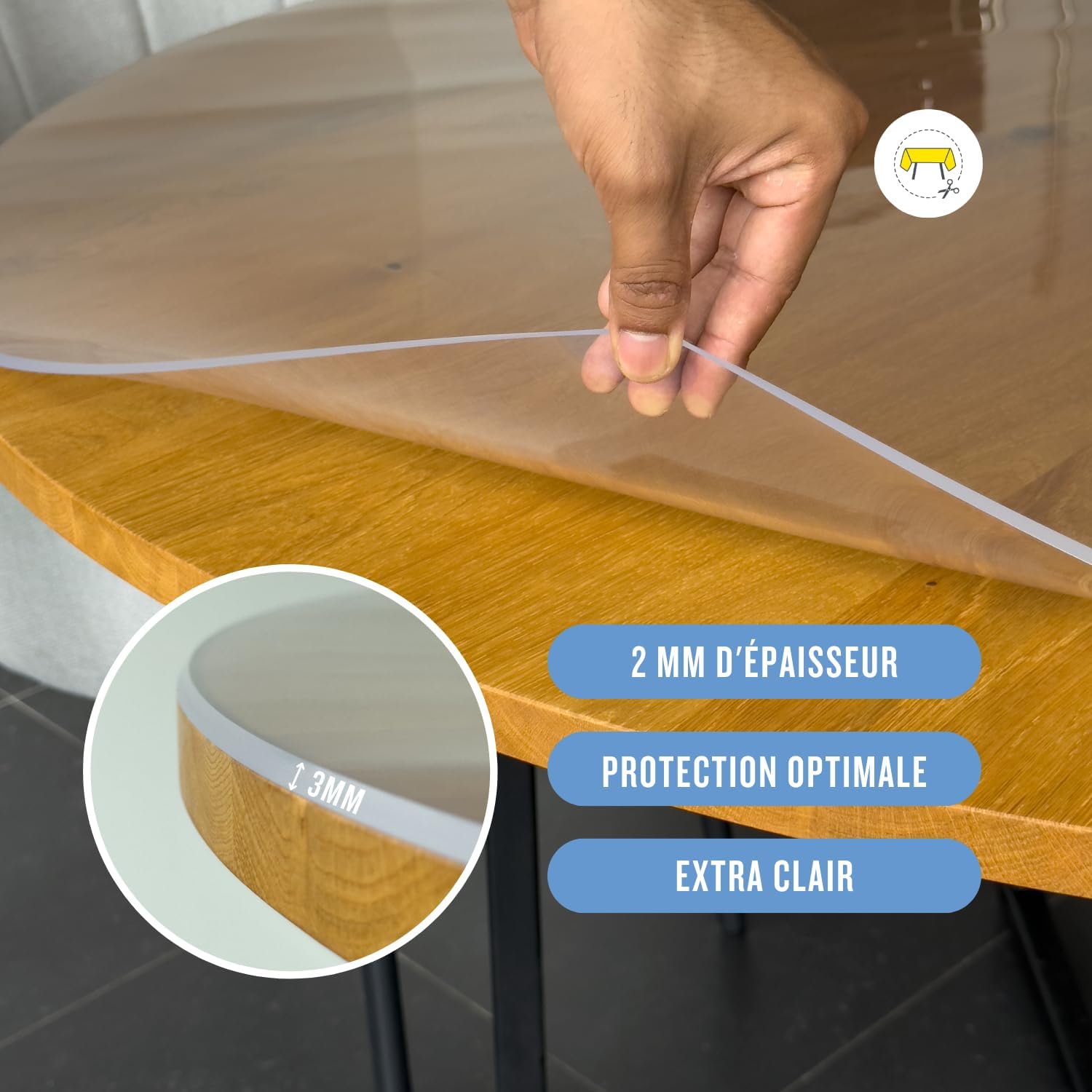 Nappe transparente ronde – 90 cm – épaisseur 3mm, anti-tache, lavable