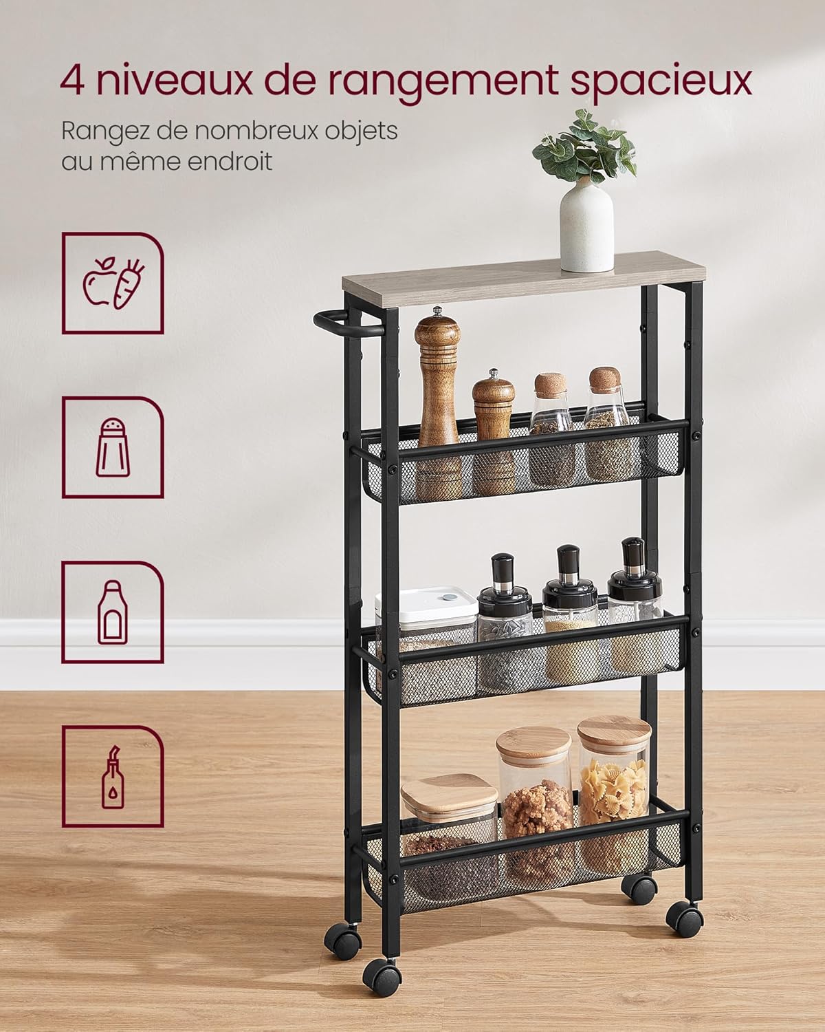 VASAGLE - desserte 4 niveaux - 13x45,4x77 cm - structure acier, roulettes, poignée, compact - LRC032K01