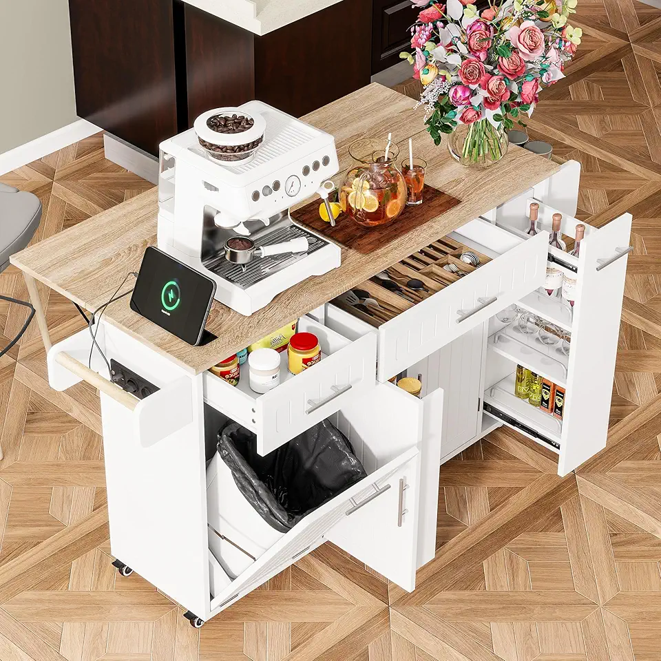 Desserte îlot cuisine - plan rabattable, USB, tiroirs, rangement, blanc