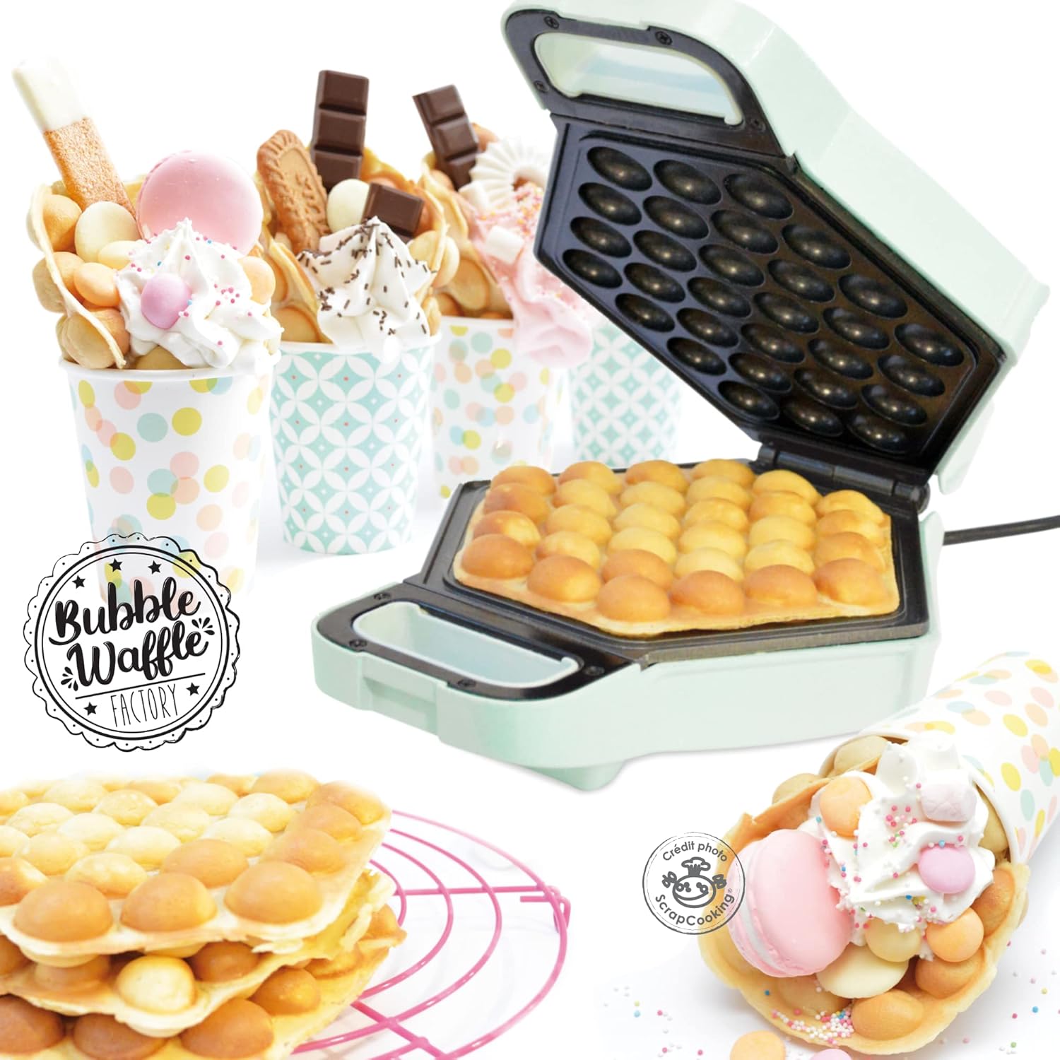 ScrapCooking - Bubble Waffle Factory - gaufrier, compact, anti-adhésif, rotation 180°, vert