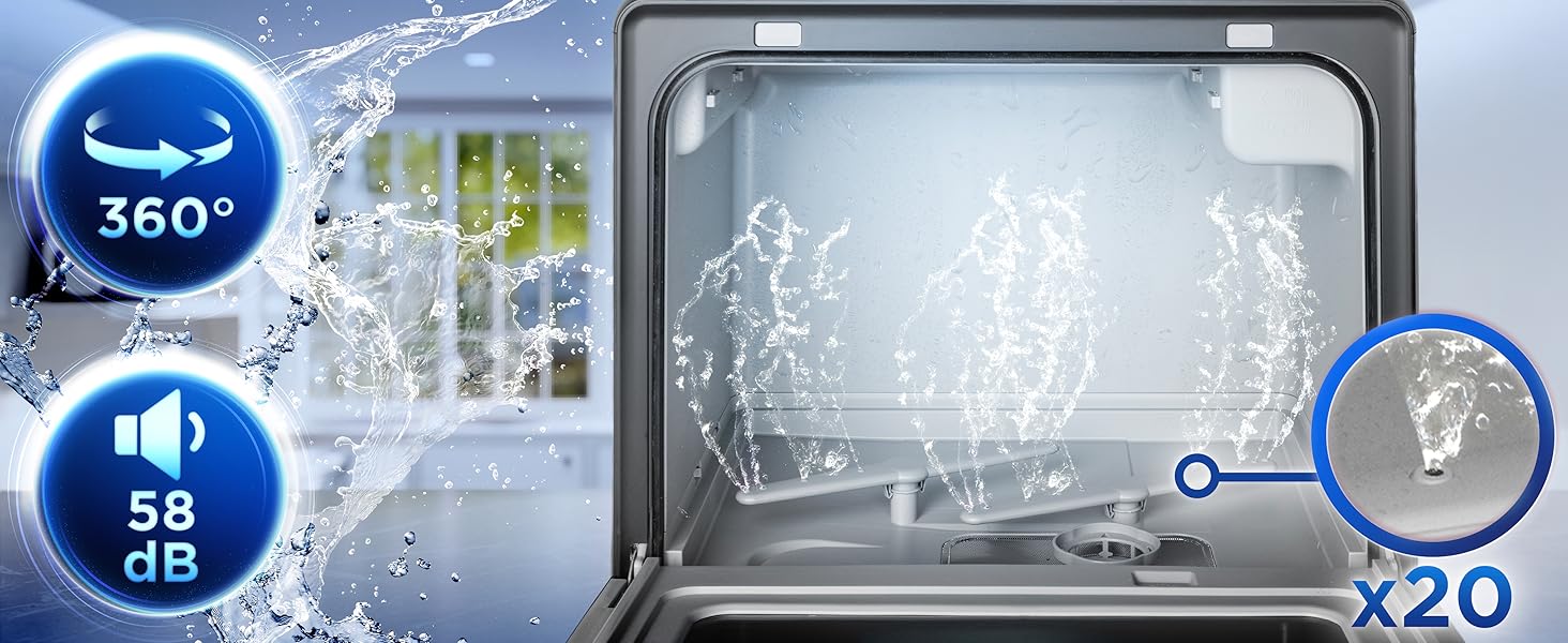 Le texte indique « 360° » et « 5R ». Séquence montrant l'intérieur du lave-vaisselle équipé de bras pulvérisateurs et de jets d'eau démontrant l'action du nettoyage.