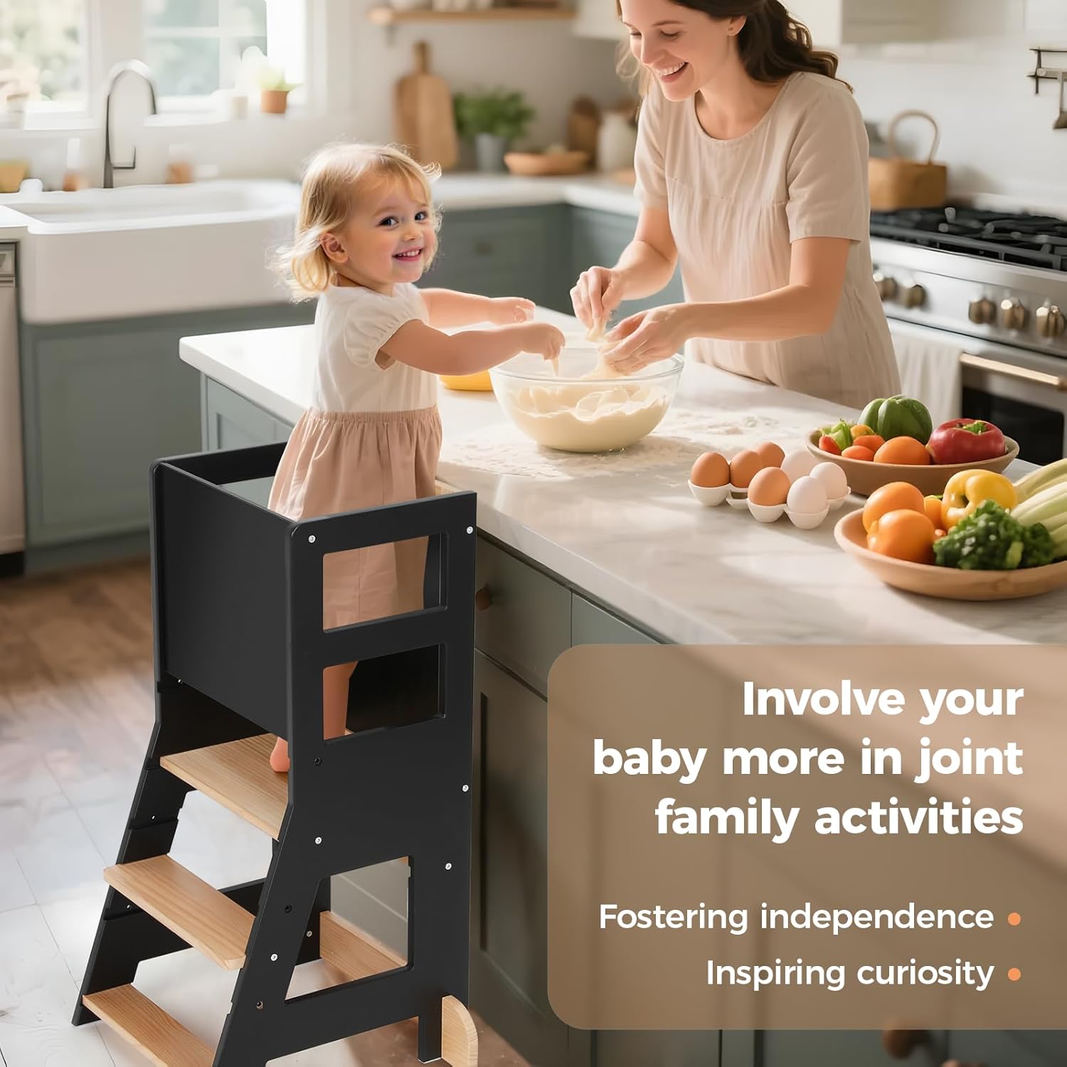 KIDINIX - Tour d'apprentissage réglable, bois/noir, anti-basculement, tableau