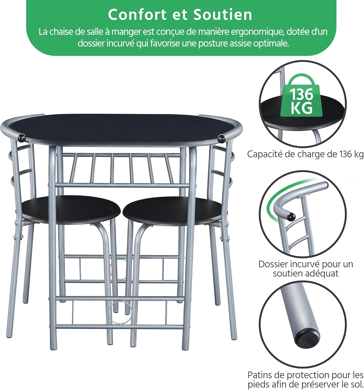 Yaheetech - Ensemble table et 2 chaises, porte-bouteilles, compact, noir