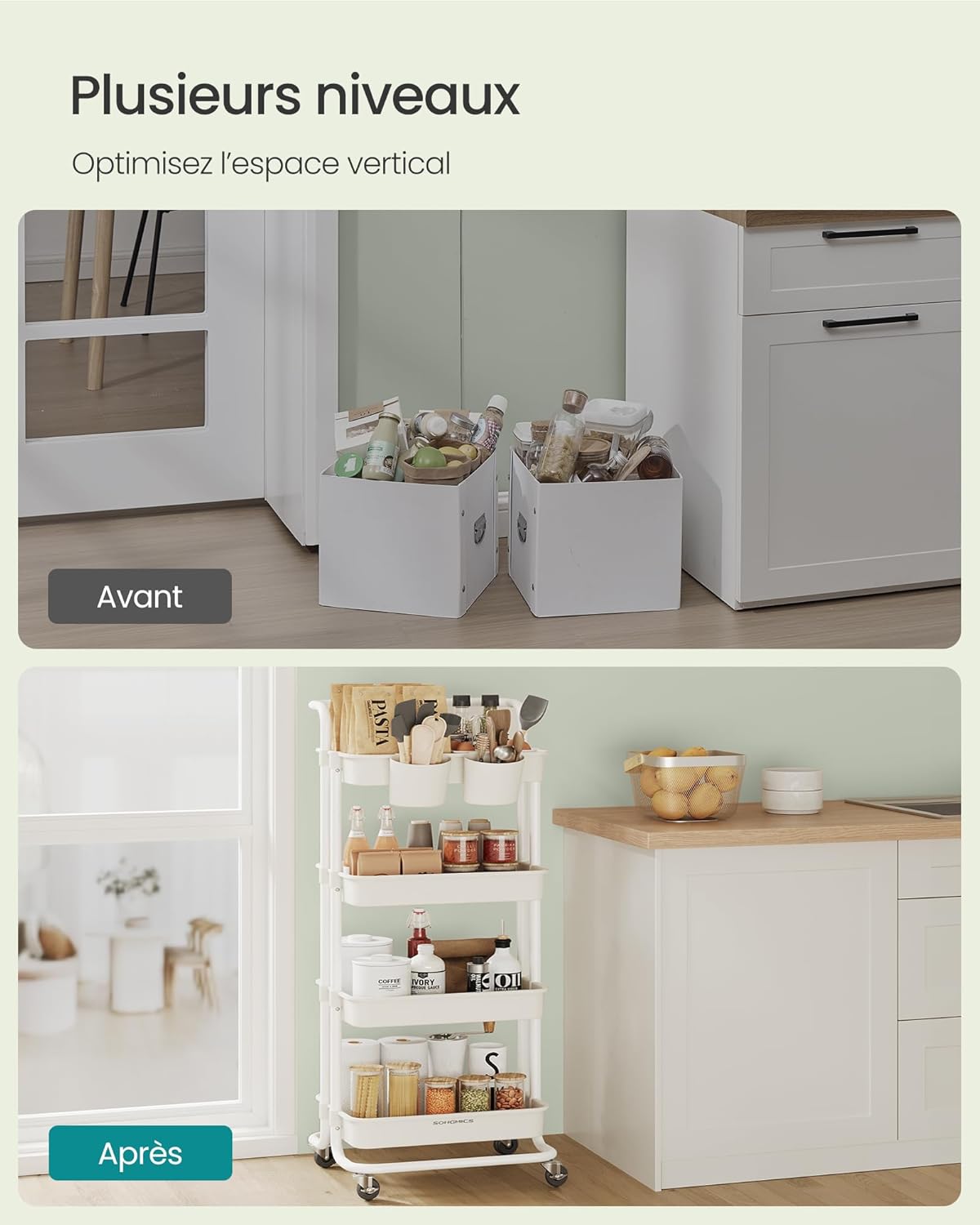 SONGMICS - Chariot de rangement 4 niveaux - poignées, roulettes, 2 pots, 2 freins - Blanc - BSC077WZ01