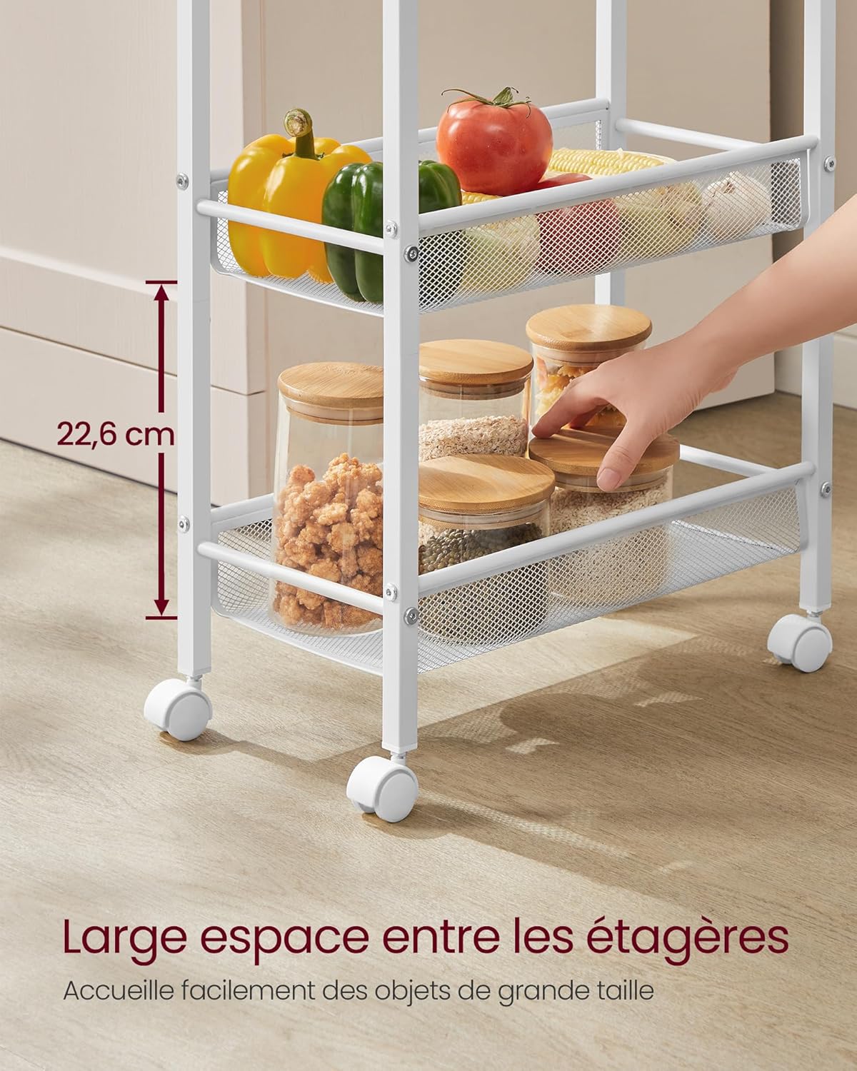 VASAGLE - desserte 5 niveaux - 22x45,4x99,6cm - acier, roulettes, poignée, compact - LRC035W09