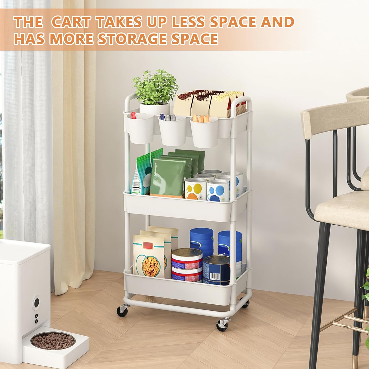 JIUYOTREE - chariot 3 niveaux, roulettes verrouillables, blanc, rangement compact