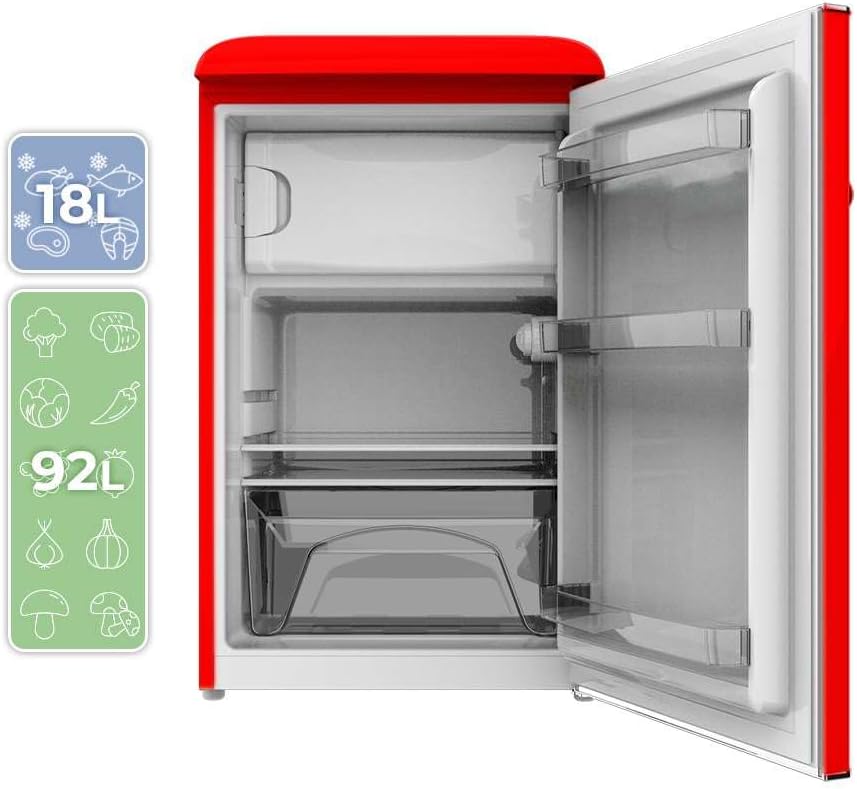 Cecotec - Bolero CoolMarket TT - 110L - mini frigo rétro, classe E, éclairage LED, poignée chromée, étagères verre, roug