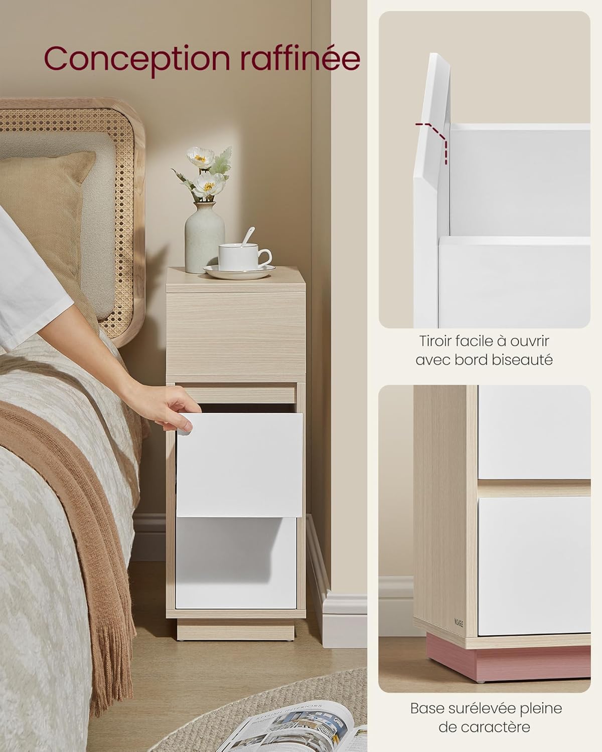 VASAGLE - Kailyn Collection, chevet étroit, 2 tiroirs, montage réversible, LET856N01