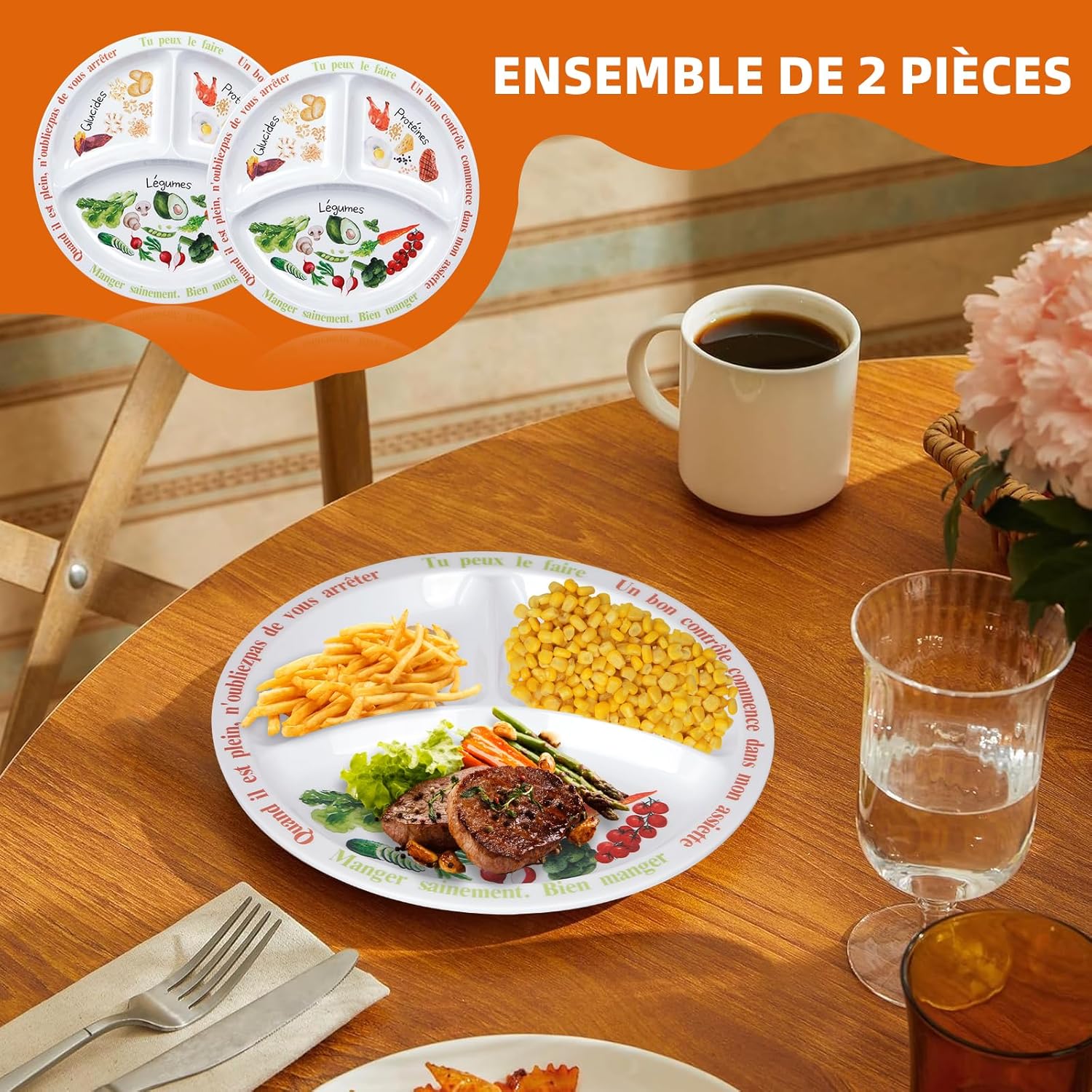 Assiette de contrôle des portions - mélamine - pour adultes/adolescents - partitions équilibrées, perte de poids, texte 