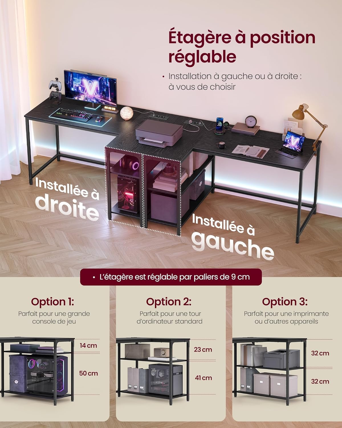 VASAGLE - Bureau L Gaming - 120x80 cm - rangement, prises USB - LWD132BE01