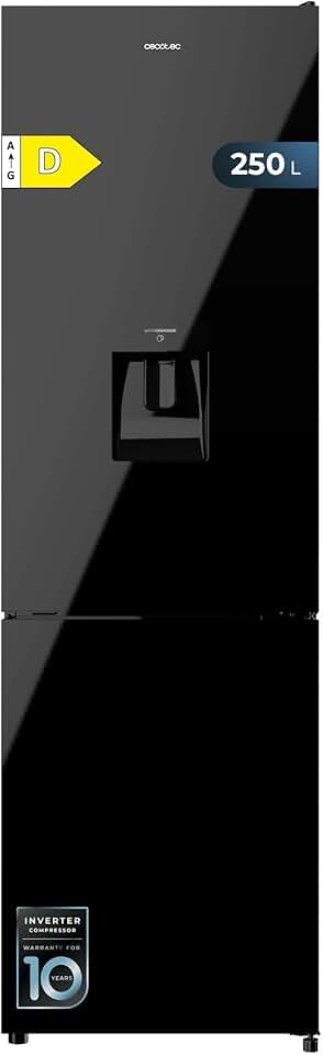 Cecotec - Bolero CoolMarket Combi 250 - 250L, No Frost, distributeur eau, porte réversible, LED, classe D, WD Black Glas
