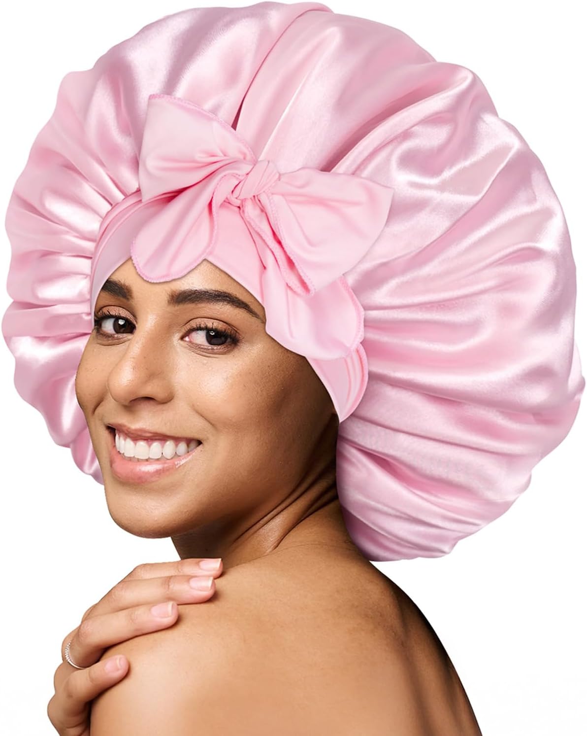 BONNET QUEEN - bonnet satin ajustable, grand, rose, elastique long