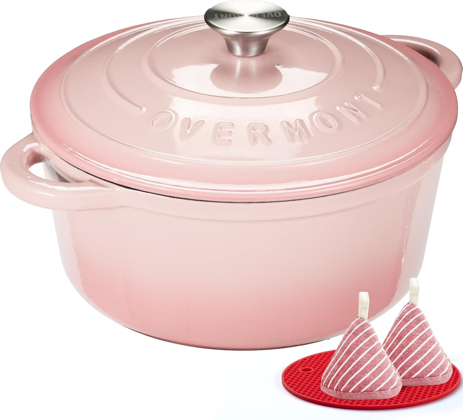 Overmont - Cocotte en fonte émaillée 26 cm - Antiadhésive, couvercle, maniques, rose pastel