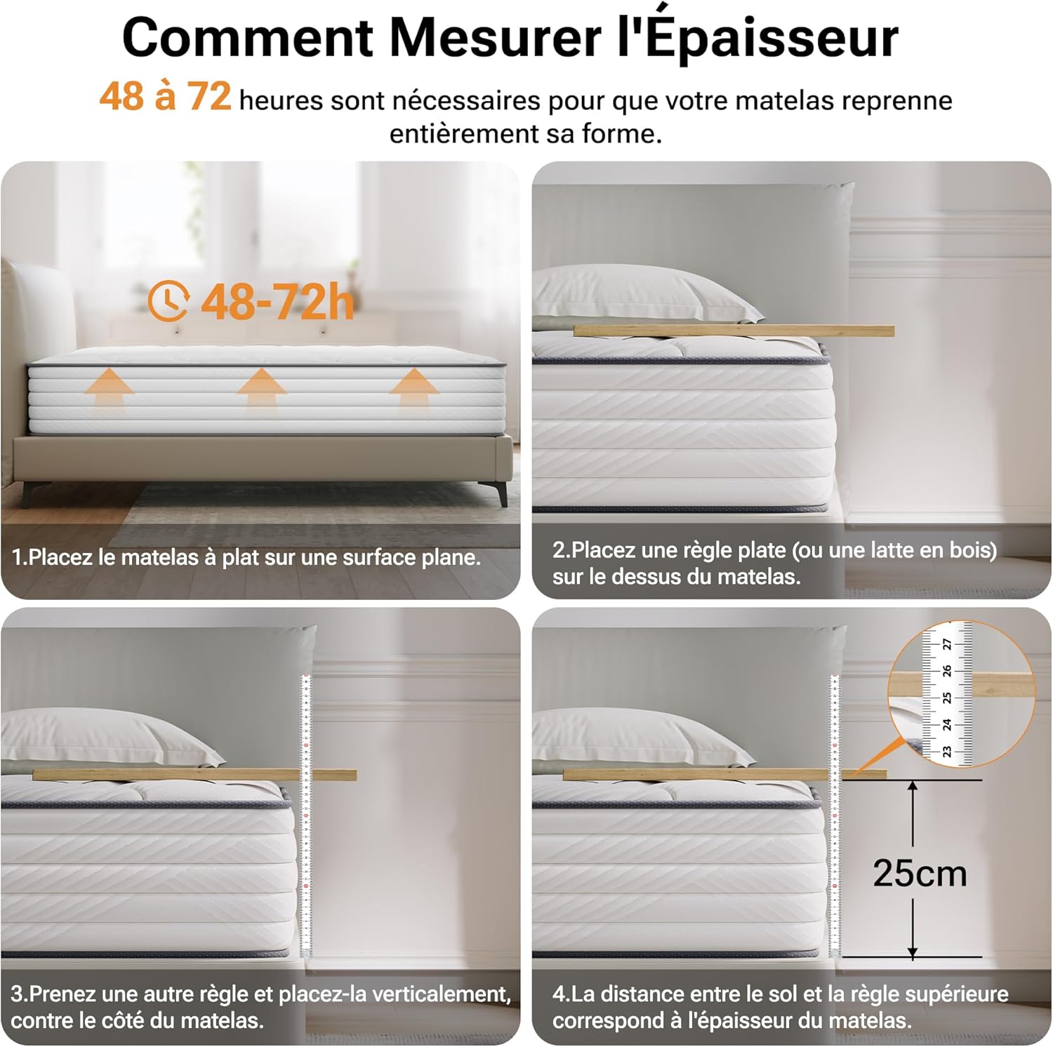 TXO - Matelas hybride 140x190 cm, 25 cm, soutien 7 zones, H3, Oeko-Tex