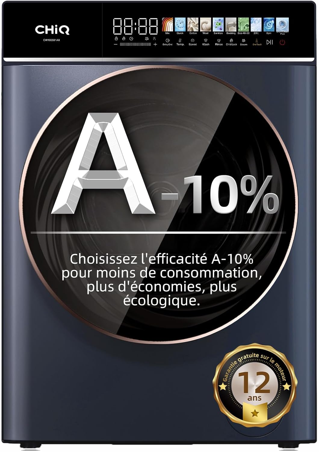 CHiQ - Lave-linge 10 kg, classe A, Inverter, vapeur, 1400 tr/min - CW106581AX