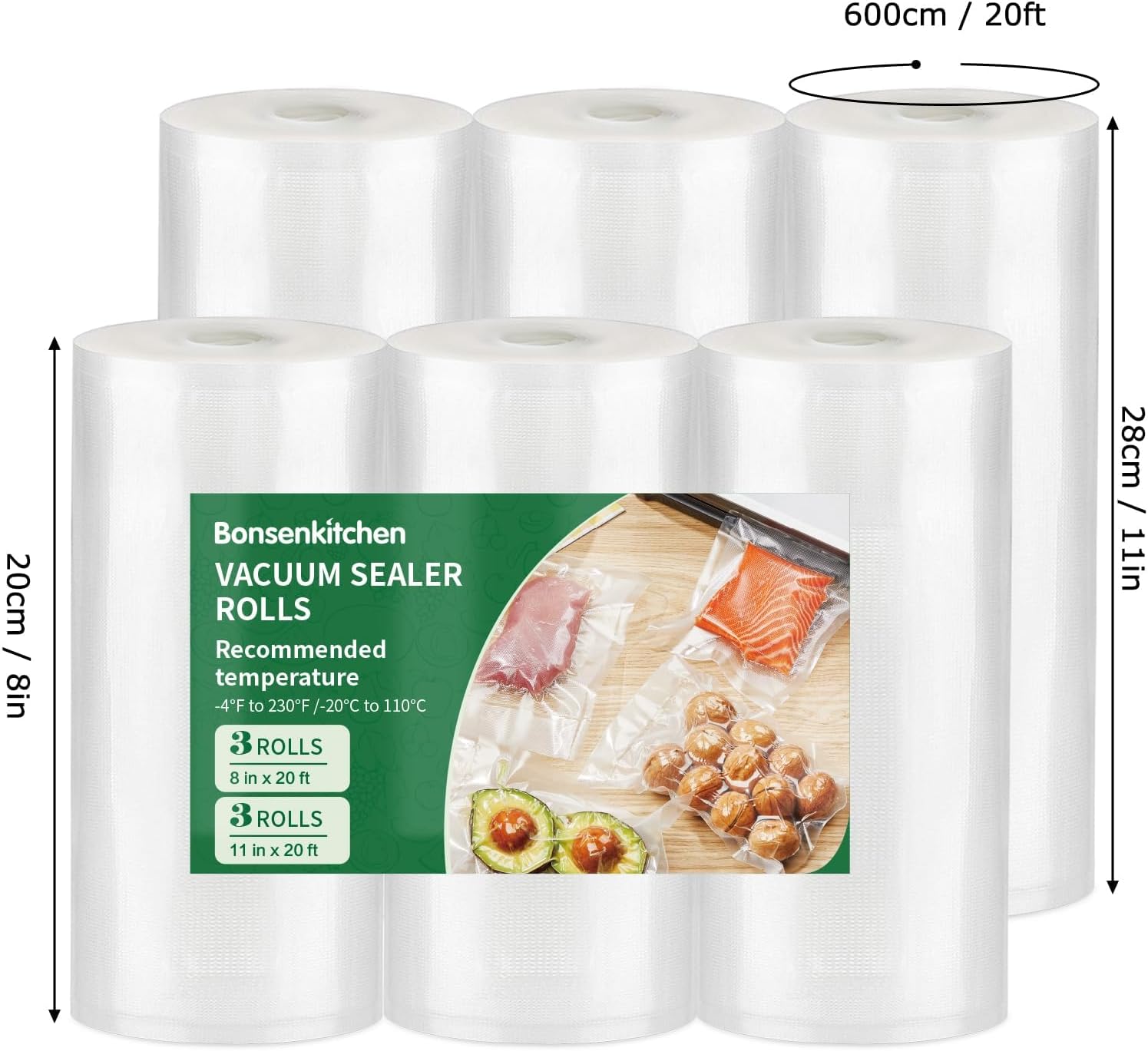 Bonsenkitchen - rouleaux sous vide - 28x600 cm et 20x600 cm - sans BPA, lot de 6 - TB06