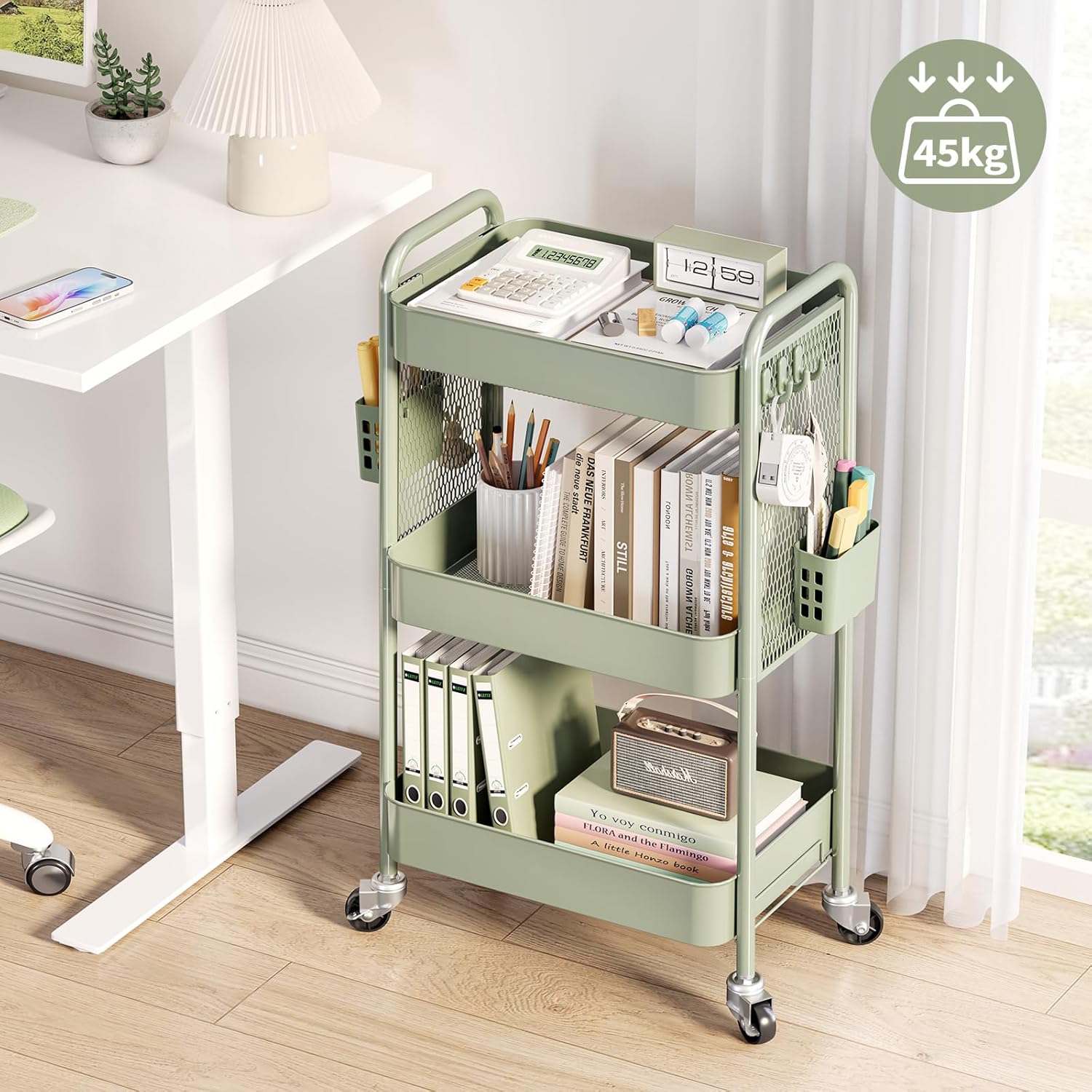 Chariot de rangement - 3 niveaux, boîtes et crochets, roulettes, vert