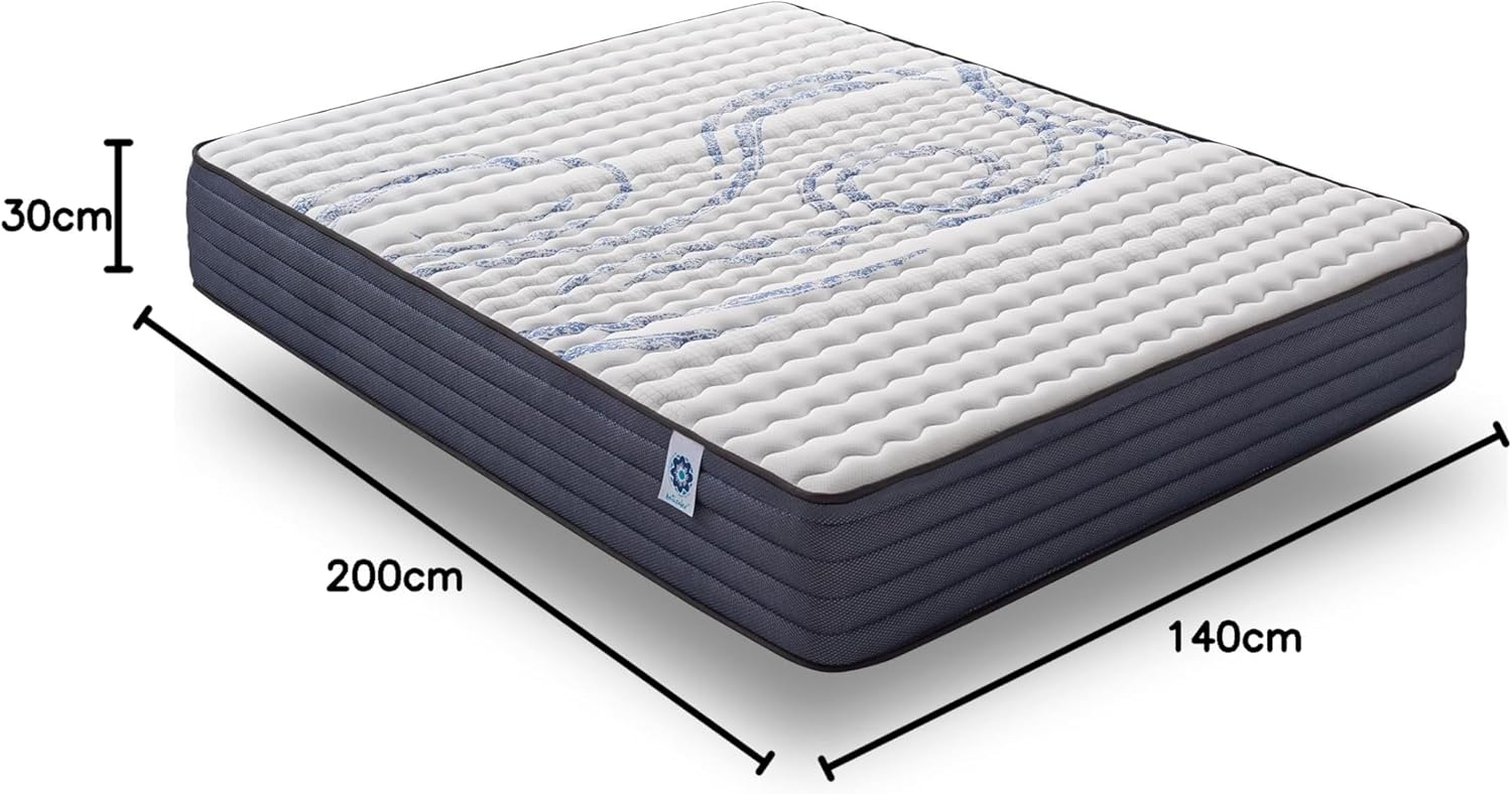 NATURALEX - Matelas PerfectSleep 140x200 cm - 30 cm - Hybride - Ressorts Ensachés - Soutien Mousse à mémoire + Blue Latex - Confort Mi-Ferme - Réversible - Couchage Indépendant - Fabriqué en Europe