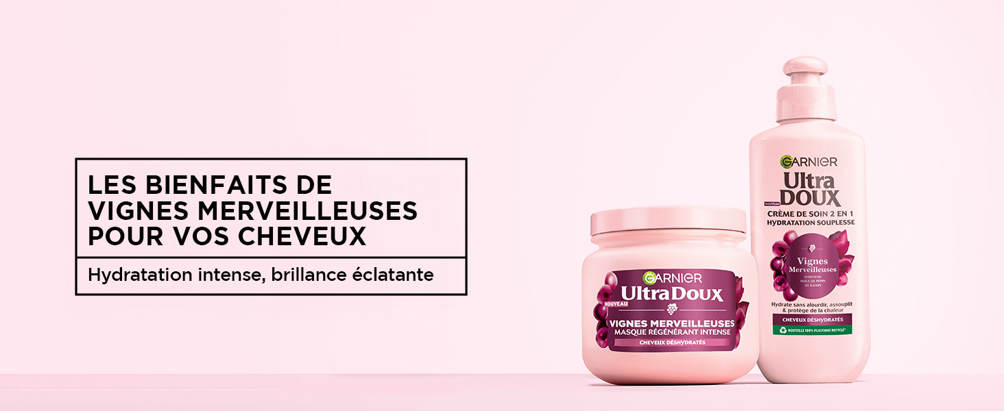 Le texte indique « Hydratation intense, brillance éclatante ». Publicité de produits de beauté teintée en rose montrant des pots de produits de soins capillaires sur fond rose.