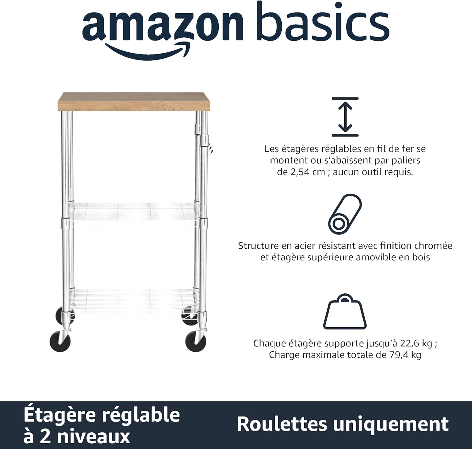 Amazon Basics - desserte micro-ondes 2 étagères bois/chromé - 53x38x93cm