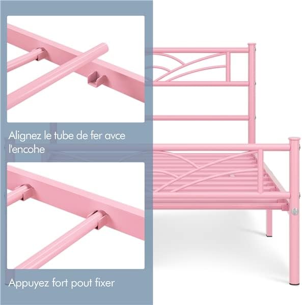 Yaheetech - lit simple métal 90x200 cm, montage facile, rose