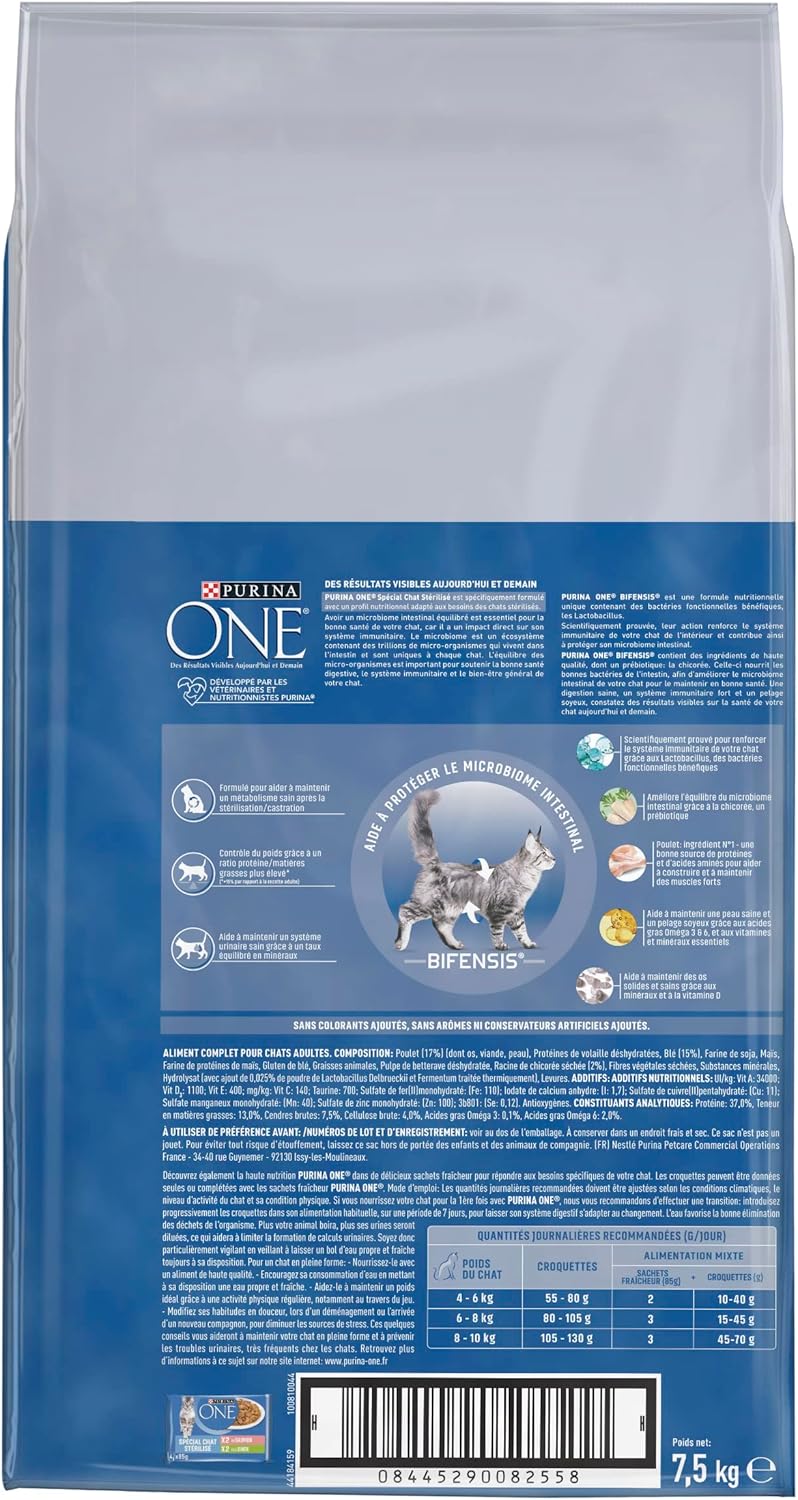 Purina One - Bifensis Adulte Stérilisé - 7,5 kg - Poulet, système immunitaire, microbiome, urinaire sain