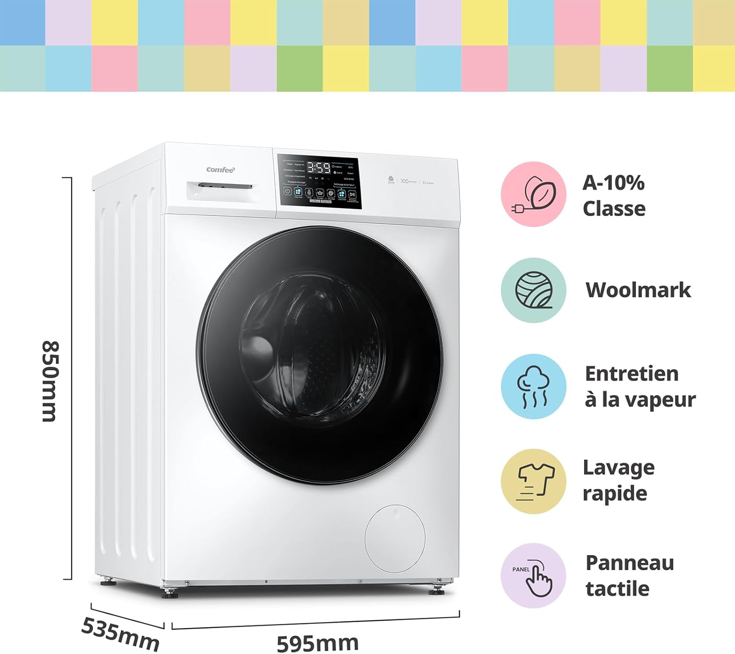 COMFEE' - lave-linge 10kg, vapeur, moteur BLDC, tactile, blanc, CFP03EW100W-FR