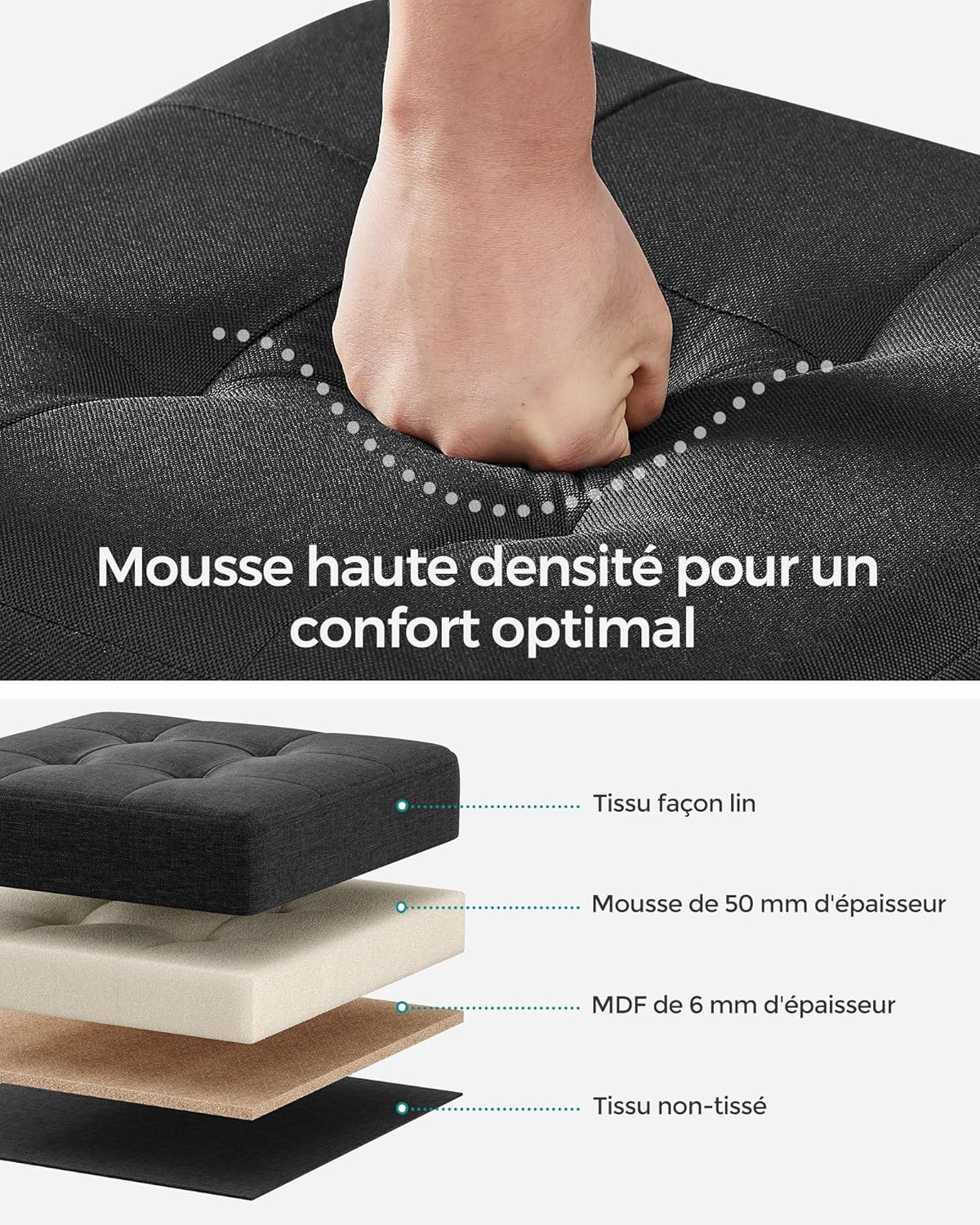 SONGMICS - Tabouret de rangement pliable 38x38x40cm, 300kg, noir, LSF014B11