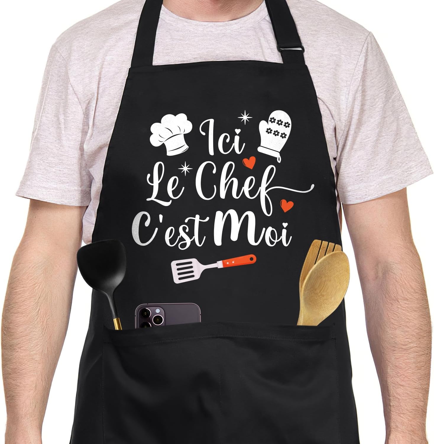 Tablier de cuisine homme personnalisé, coton noir, réglable, humour, cadeau fête