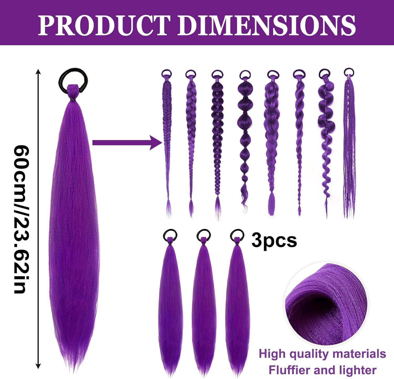 Perruque enfant - 3 pièces - 60cm - violet, élastique, cosplay, adulte