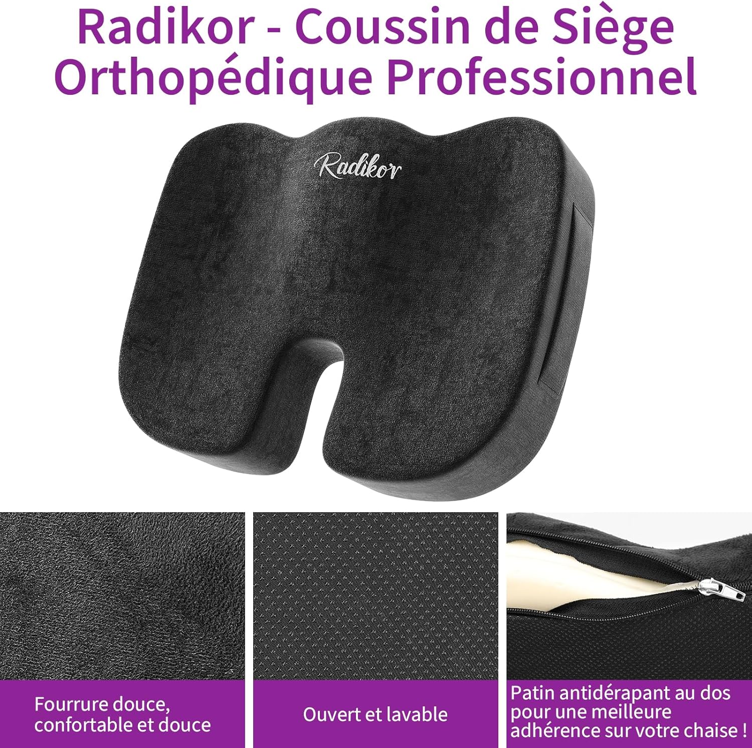 Coussin coccyx - ergonomique mousse mémoire, antidérapant, noir