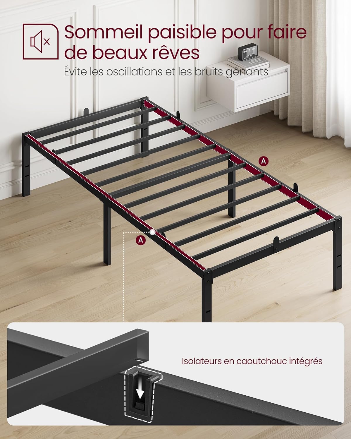 VASAGLE - cadre de lit moderne 90x190cm métal rangement facile RMB151BD01