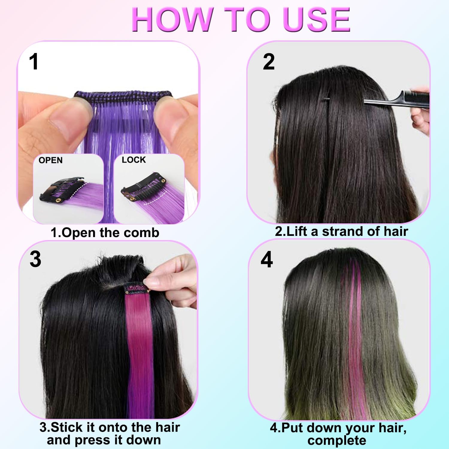 Extensions cheveux - 22 pièces, clips, mèches colorées, 50cm, festival