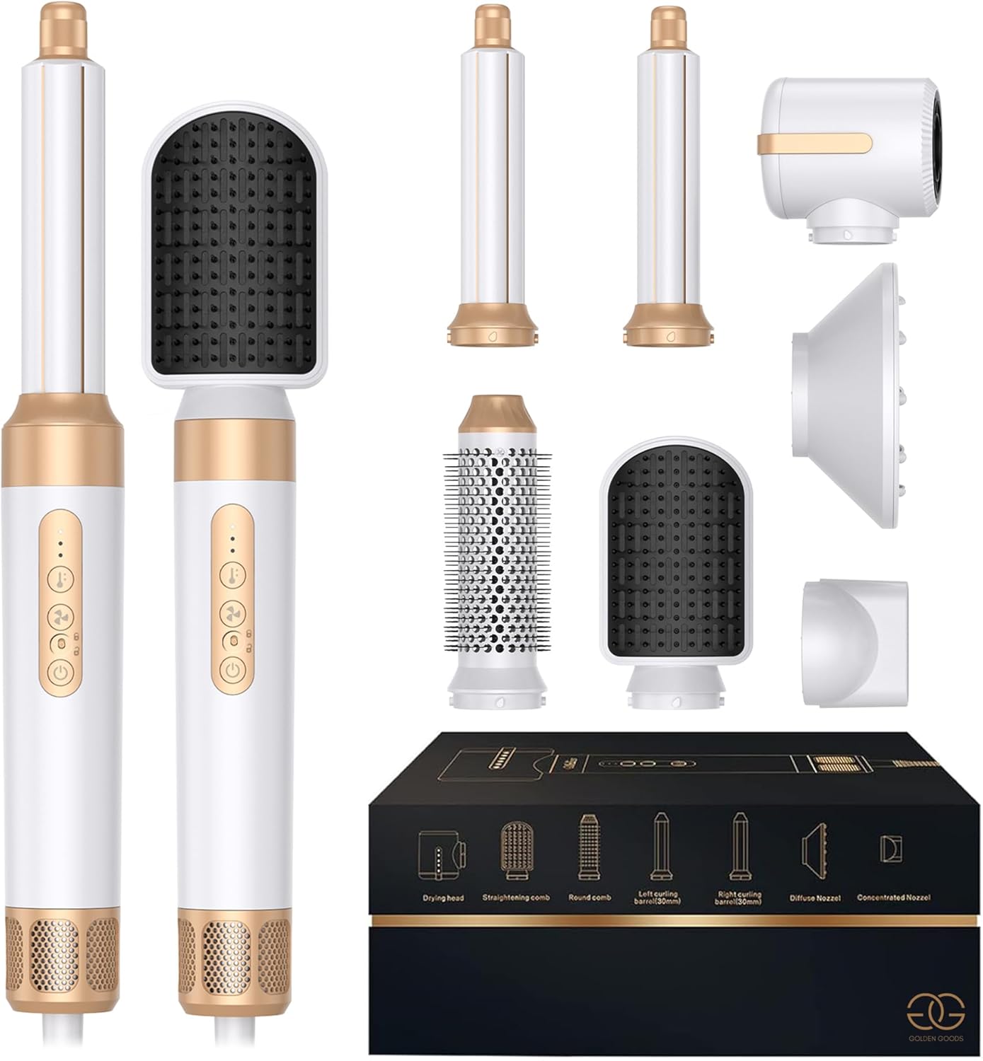 Golden Goods - Airstyler 7-en-1 - 7 accessoires - sèche, lisse, boucle, White/Gold